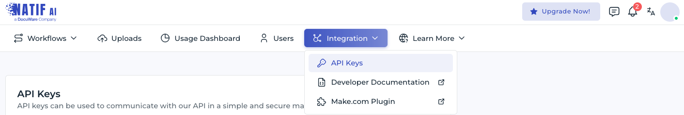 Image Screenshot of the API key management section