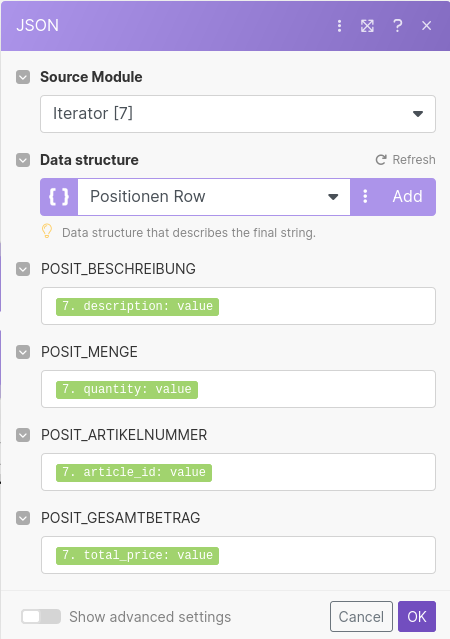 Mapping the extraction to dialog columns